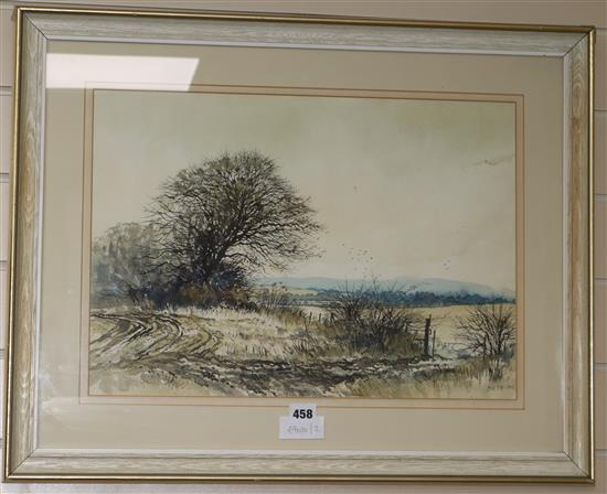 Bill Toop, ink and watercolour, Winter above Oldstock, signed and dated 1980, 34 x 49cm